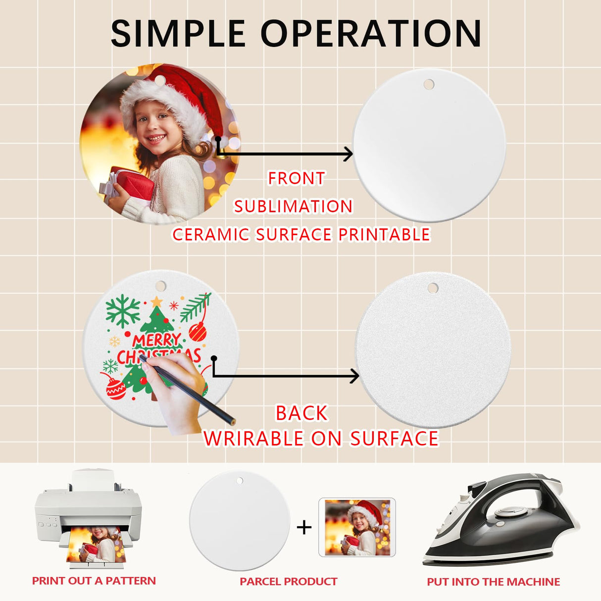 50 PCS Ceramic Sublimation Ornament Blanks Bulk 3 Inch White Round Crafts DIY Personalized Printed Home Porcelain Paintable Christmas Decorations