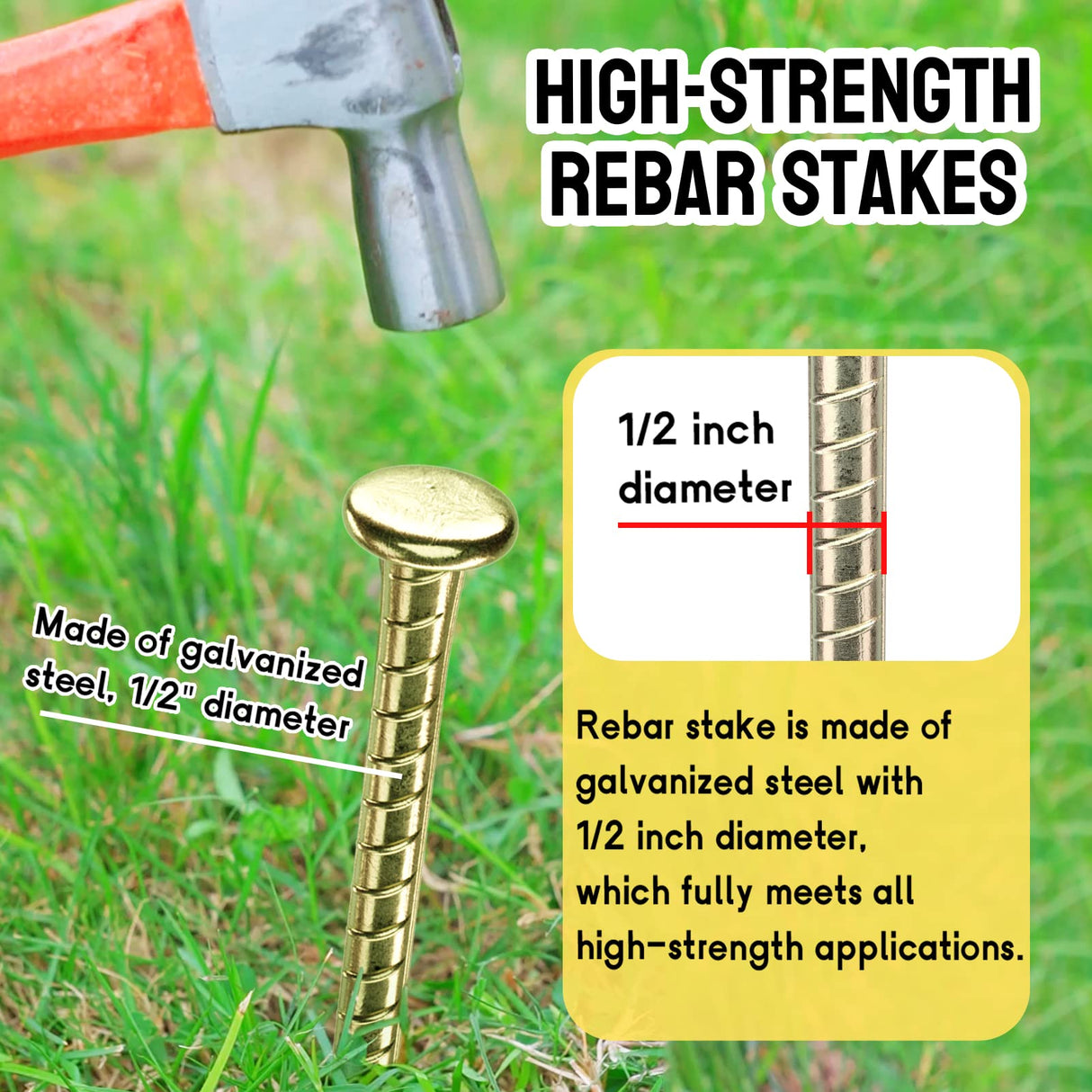 JPOIP 16 Inch Rebar Stakes - 1/2 Inch Diameter Galvanized Steel Ground Anchors - Heavy Duty Plant Support Garden Stake for Speed Bump, Wheel Stop, Tent (6 Pack)