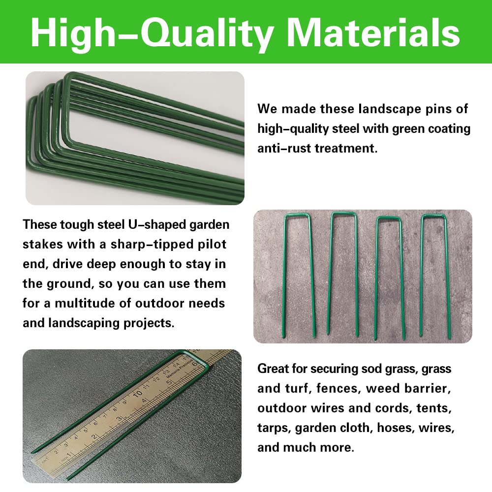 Bakulyor 100Pcs Green Landscape Staples 6 Inch Garden Artificial Turf Stakes Staples, 11 Gauge Lawn Galvanized Ground Fabric Pins for Weed Barrier Sod Decorations Holding Fence and Irrigation Tubing