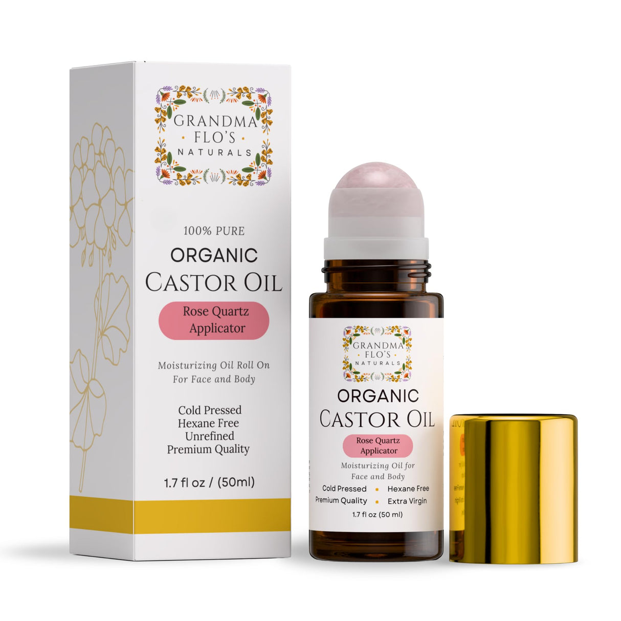 Grandma Flo's Naturals Organic Castor Oil with Rose Quartz Roll On For Face and Body - Glass Bottle, Cold Pressed, Hexane Free, Unrefined - Stimulate Hair Growth, Moisturize Skin (50ml)