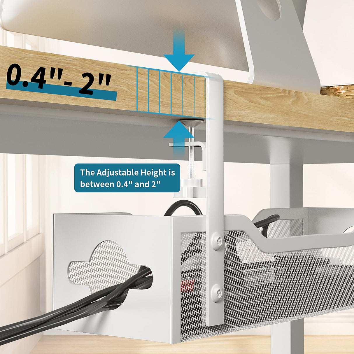 Under Desk Cable Management Tray, Litwaro No Drill, Metal Tray with Clamp for Wire Management, Cord Organizer Home Office Damage to Standing Desk, White, 13.38''