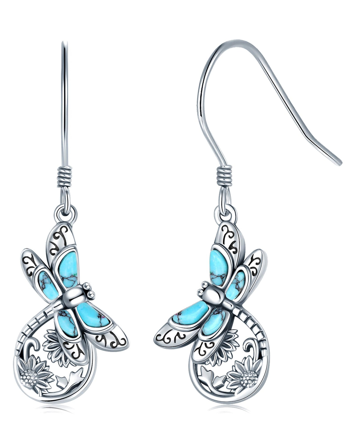 S925 Sterling Silver Turquoise Dragonfly Sunflower /Hummingbird/Butterfly/Cross/Anchor Earring Vintage Bohemian Jewelry Natural Drop/Stud Earrings Birthday Jewelry Gifts for Women (Dragonfly Dangle Earrings)
