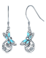 S925 Sterling Silver Turquoise Dragonfly Sunflower /Hummingbird/Butterfly/Cross/Anchor Earring Vintage Bohemian Jewelry Natural Drop/Stud Earrings Birthday Jewelry Gifts for Women (Dragonfly Dangle Earrings)