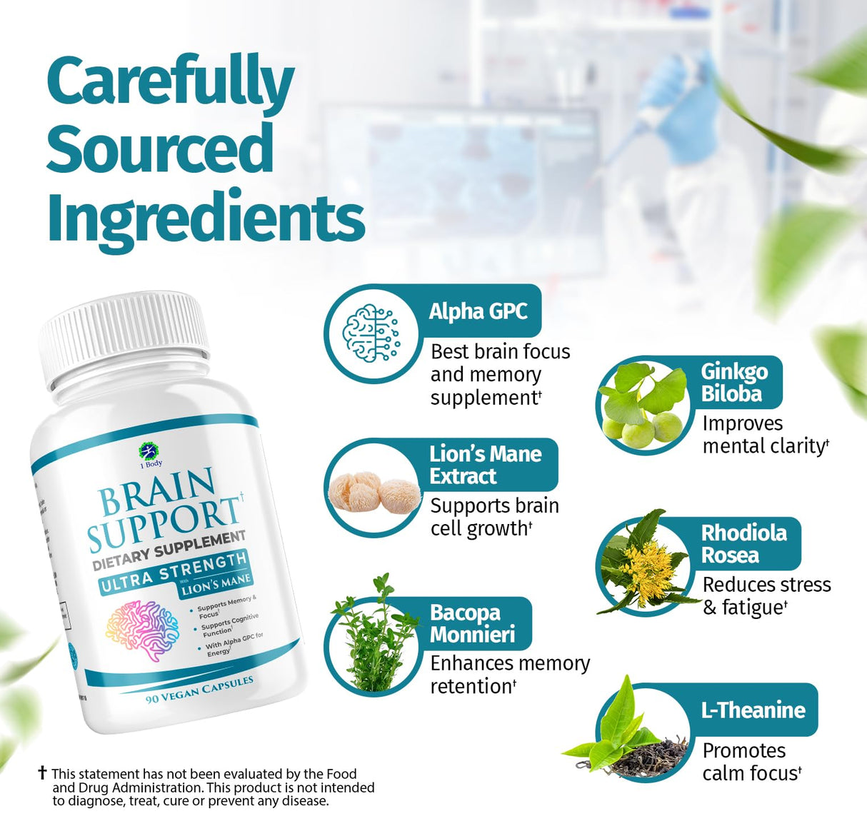 1 Body Brain Supplement – Nootropic Brain Booster with Alpha GPC, Ginkgo & Bacopa – 90 Vegan Capsules – Memory Supplement for Brain Support, Focus Pills, Brain Fog Supplements for Women and Seniors