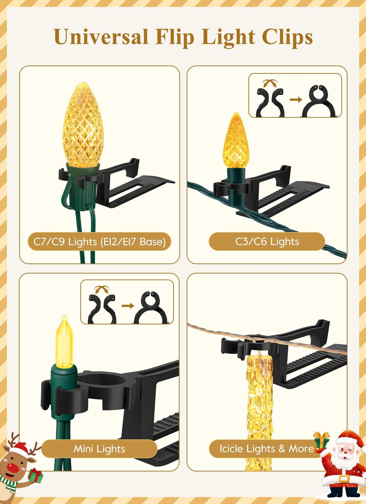 Universal Christmas Lights Shingle Clips, 100 Count All in One Gutter Clips, Shatterproof All Purpose for C7/E12, C9/E17, Mini String, Rope Lights, Christmas Decorations, Black