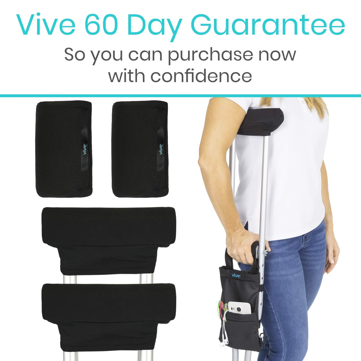 Vive Crutch Pads, Bag, & Hand Grips (5 PCS) - Crutches for Adults Armpit Padding, Hand Grips, Accessories Pouch - Soft Tips Medical Padded Handles, Accessories for Kids, Men, Women - Lightweight