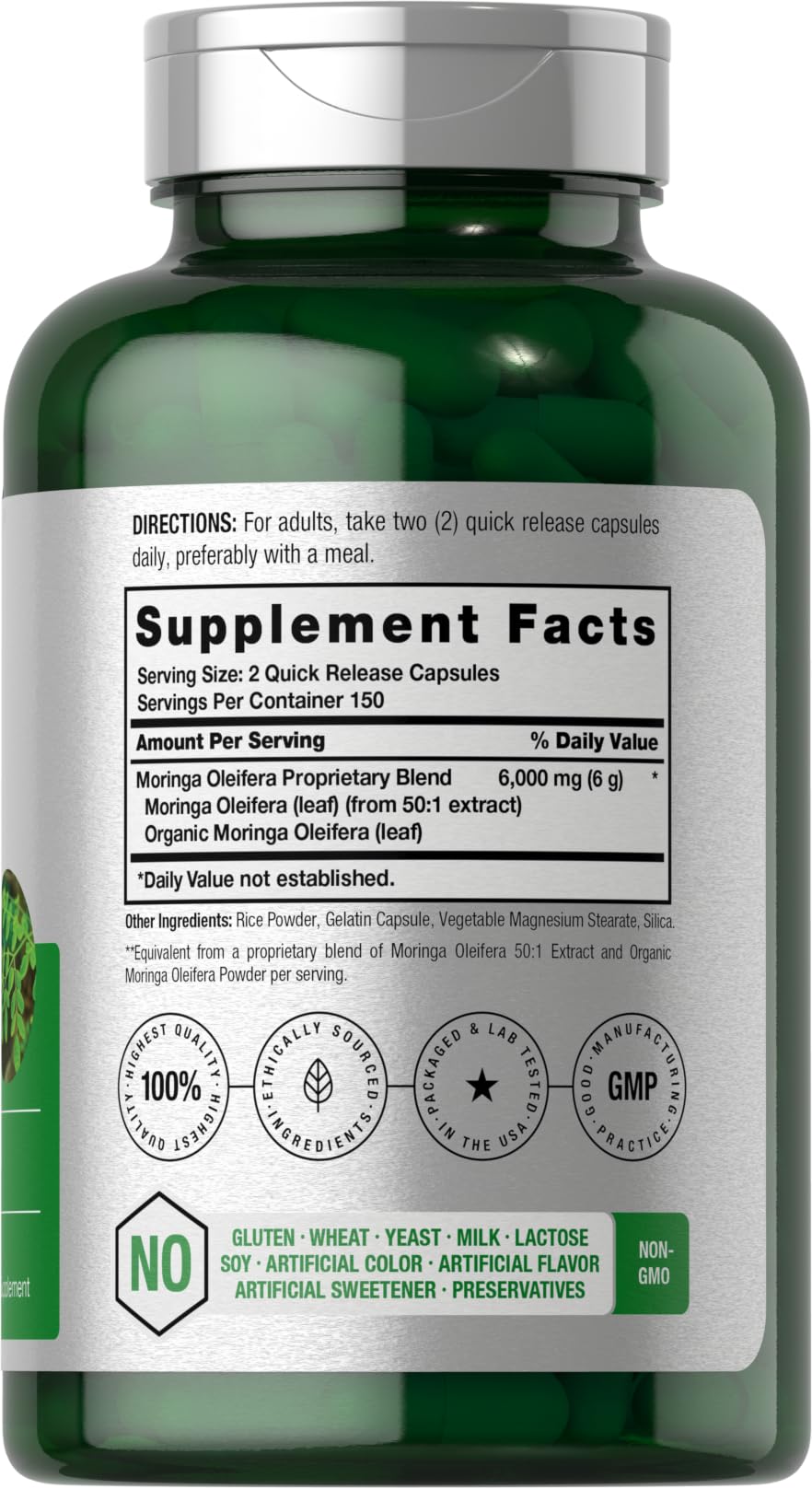 Horbäach Moringa Oleifera | 6000mg | 300 Powder Capsules | Non-GMO and Gluten Free Extract Formula | Complete Green Superfood