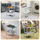 ROVSUN 30'' x 24'' Stainless Steel Table for Prep & Work,Commercial Worktables & Workstations, NSF Heavy Dut Metal Table with Adjustable UnderShelf & Backsplash for Kitchen, Restaurant,Home,Hotel