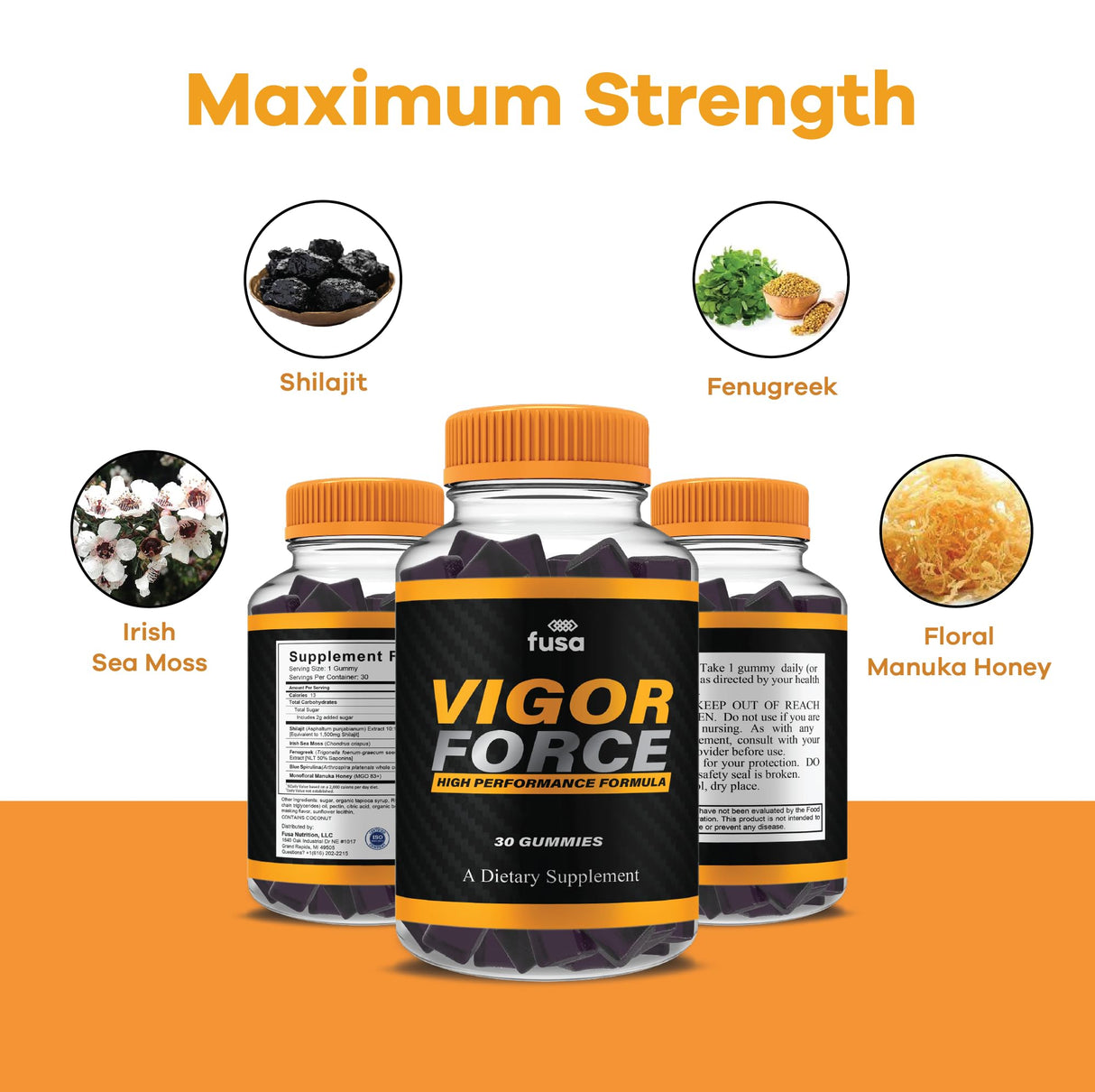 (5 Pack) Vigor Force Max Performance Gummies, VigorForce Maximum Strength Shilajit Sea Moss Fenugreek Gummies Overall Energy Vitality Support, Vigor Forc Gomitas (5 Month Supply)