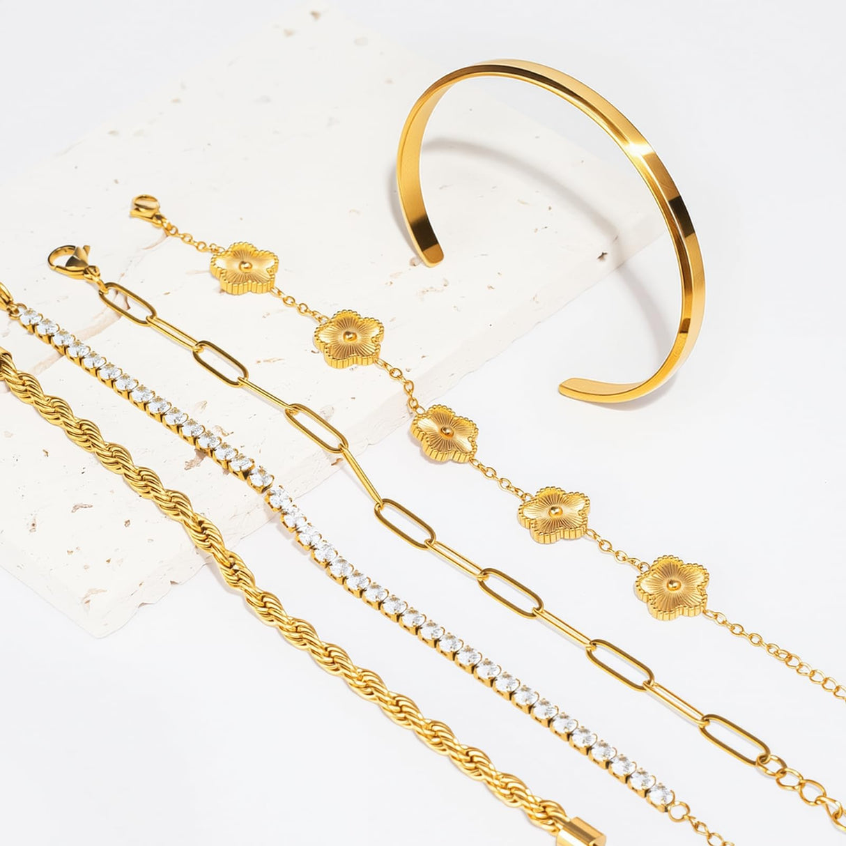 Gold Bracelets Set for Women Non Tarnish Waterproof 18K Gold Plated Lucky Floral Tennis Chunky Cuff Bracelet Tie Cuban Rope Paperclip Bracelet Stackable Trendy Fashion Accessories Stack Jewelry Gifts 5Pcs for Mothers Day Birthday(Gold)