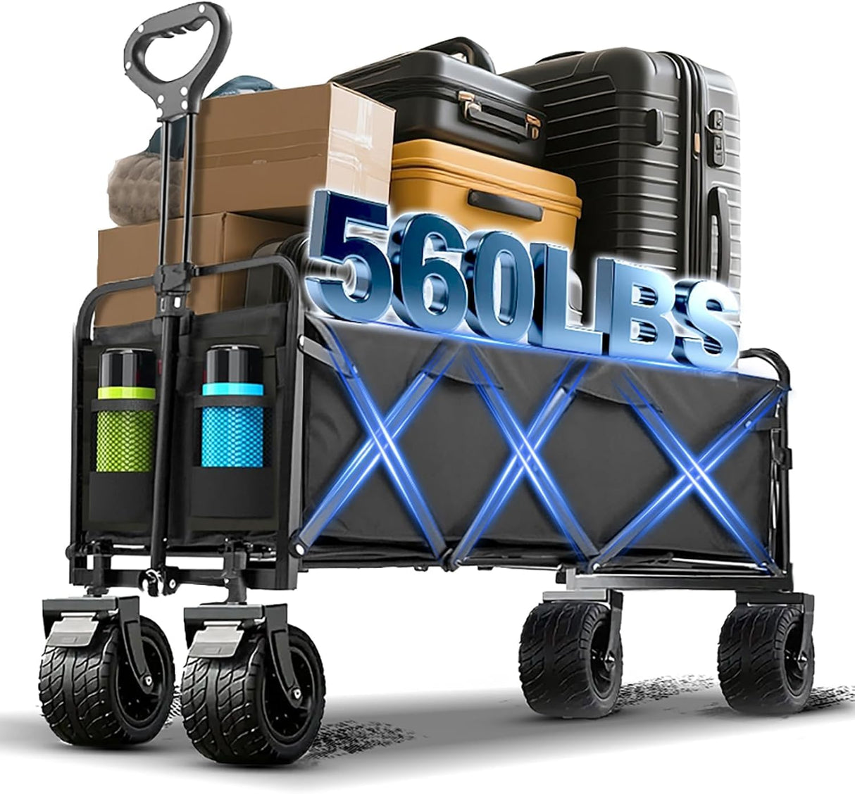 Ecogou 350L Large Capacity Foldable Wagon with Brakes, 560lbs Heavy Duty Collapsible Wagon Cart with Push Handle All-Terrain Big Wheels for Camping, Sports, Shopping, Beach
