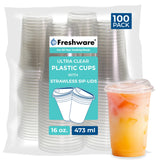 Freshware 16 oz Clear Disposable Plastic Cups with Strawless Sip Lids, 100 Pack Clear Plastic Tumblers, Heavy-duty Party Glasses, Disposable Cup for Thanksgiving, Halloween, Christmas Party