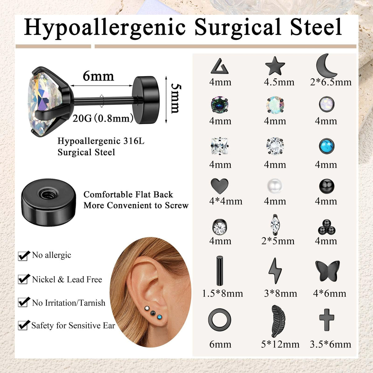 Jstyle 21 Pairs Hypoallergenic Flat Back Stud Earrings for Women Men Surgical Stainless Steel Earrings for Sensitive Ears Cartilage Earring Small Studs Earrings Set Stacks Screw Back Black Earrings