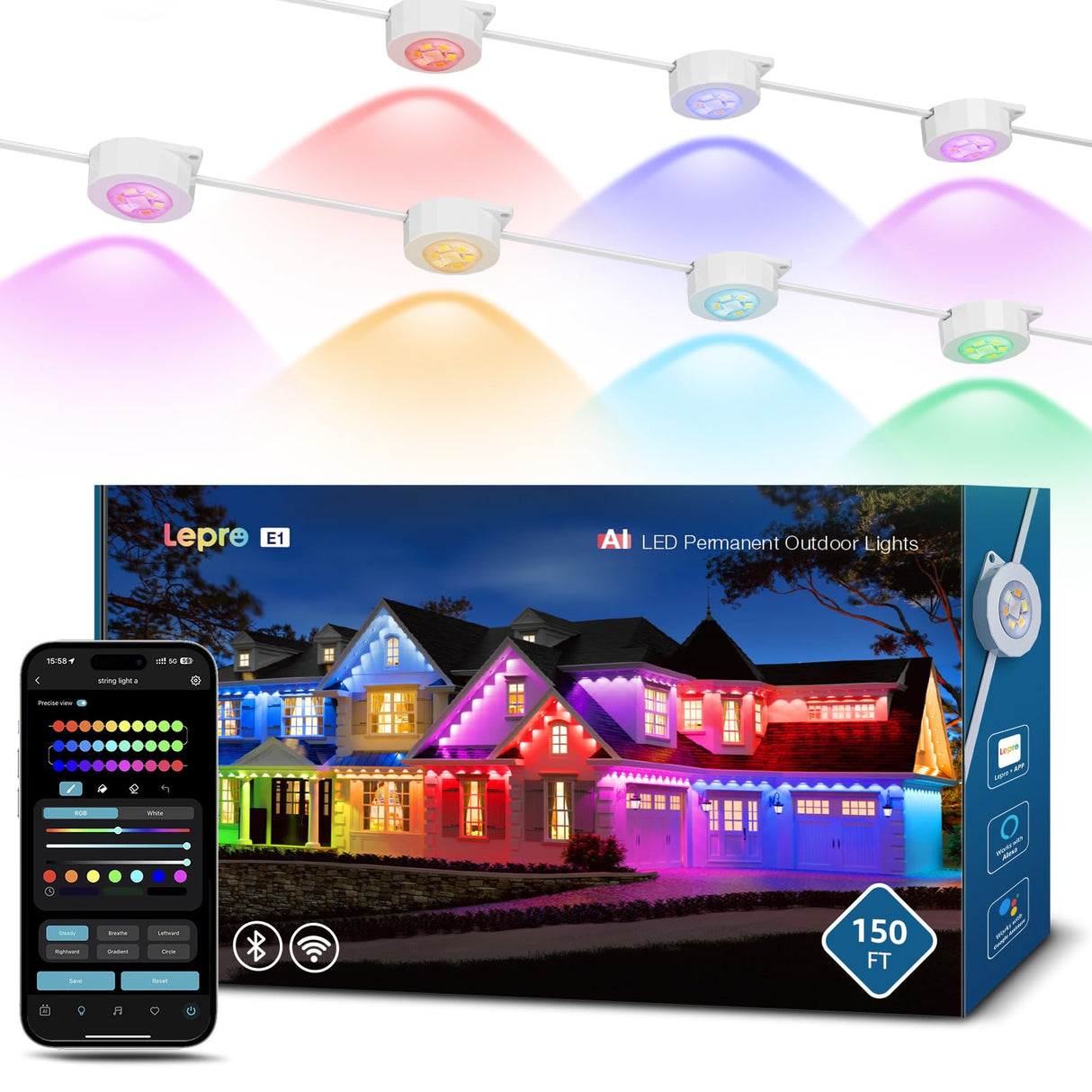 Lepro E1 AI Permanent Outdoor Lights APP Control, 150ft 90 LED Smart RGB+IC+Warm/Cool White House Eave Lights for Halloween Christmas, Alexa Google Enabled 2.4 GHz WiFi/Bluetooth, NO Remote Controller