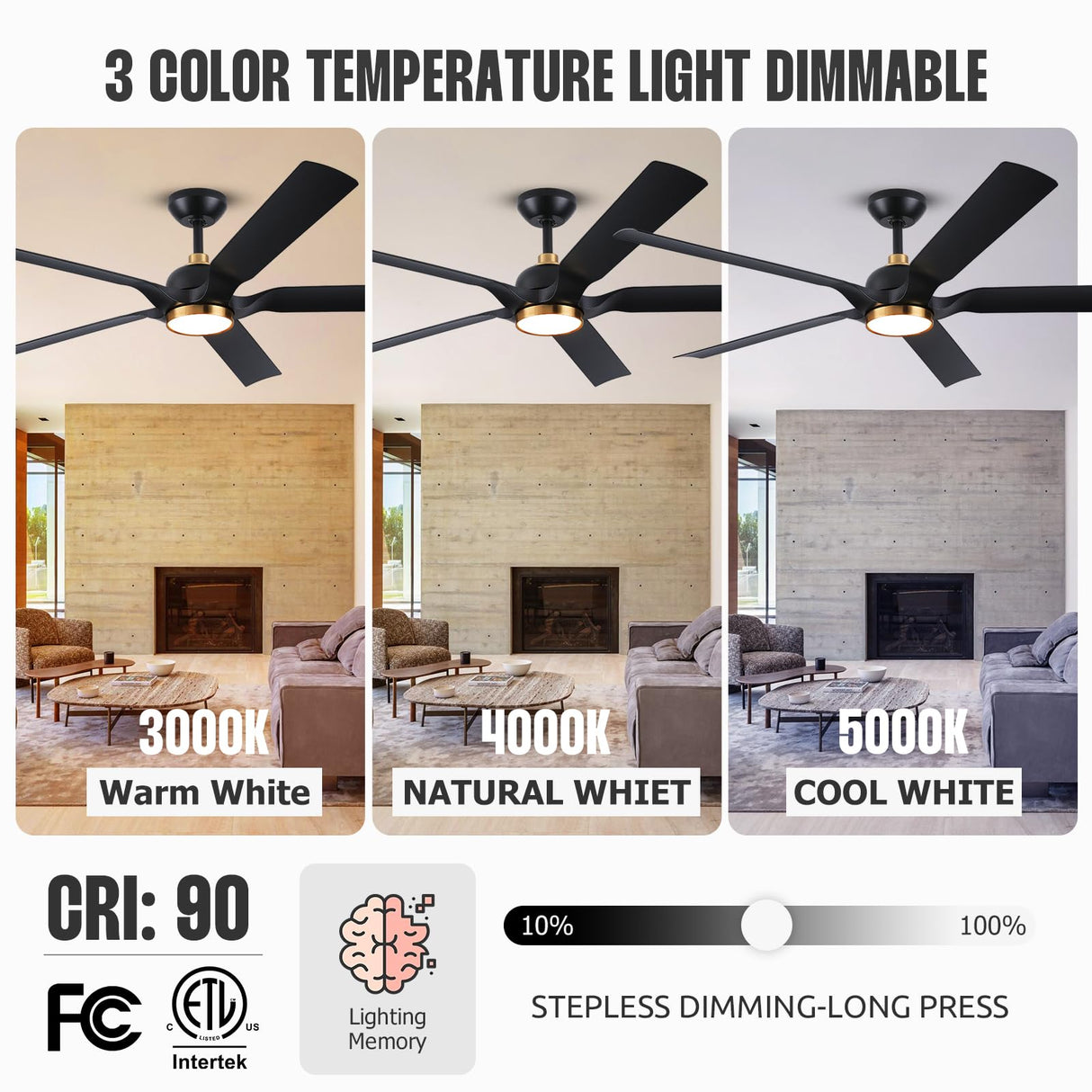 60 Inch Gold Ceiling Fan with Light and Remote, Black Gold Modern Ceiling Fans with Quiet Reversible DC Motor, Large Outdoor Ceiling Fan for Patio, Porch, Indoor Living Room, Bedroom, Office, 3 CCT