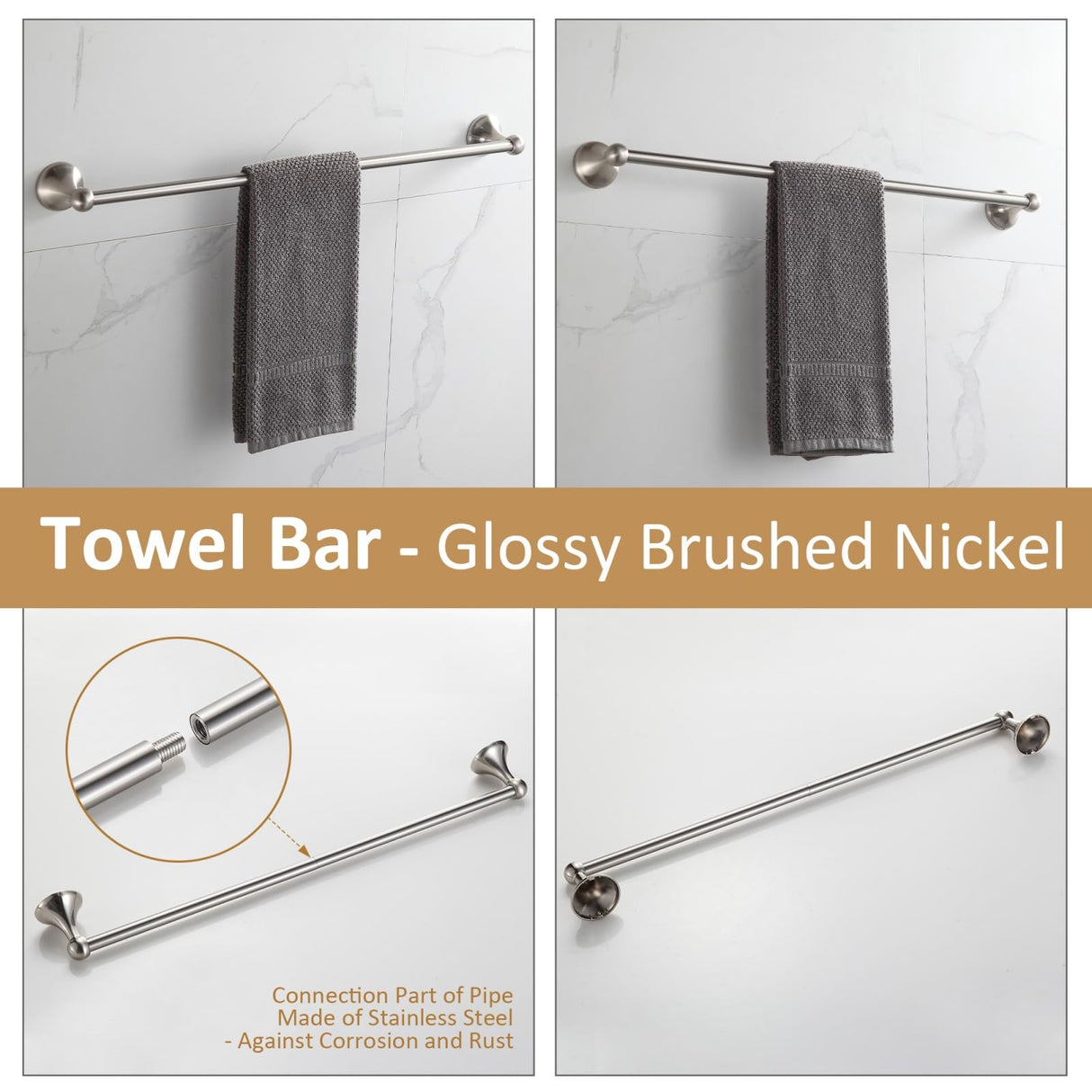 BGL Bathroom Accessories Set, Glossy Stain Nickel Expandable Towel Bar 4-Piece Bathroom Accessory Set Wall Mounted Towel Ring Robe Hook Toilet Paper Holder Towel Holder
