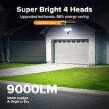 LUTEC 80W 9000LM LED Security Light Hardwire Motion Sensor Outdoor Lights, 4 Head LED Flood Lights Outdoor 5000K Daylight, IP65 Waterproof, Motion Detected Lights for Outside, Garage, Yard (Black)