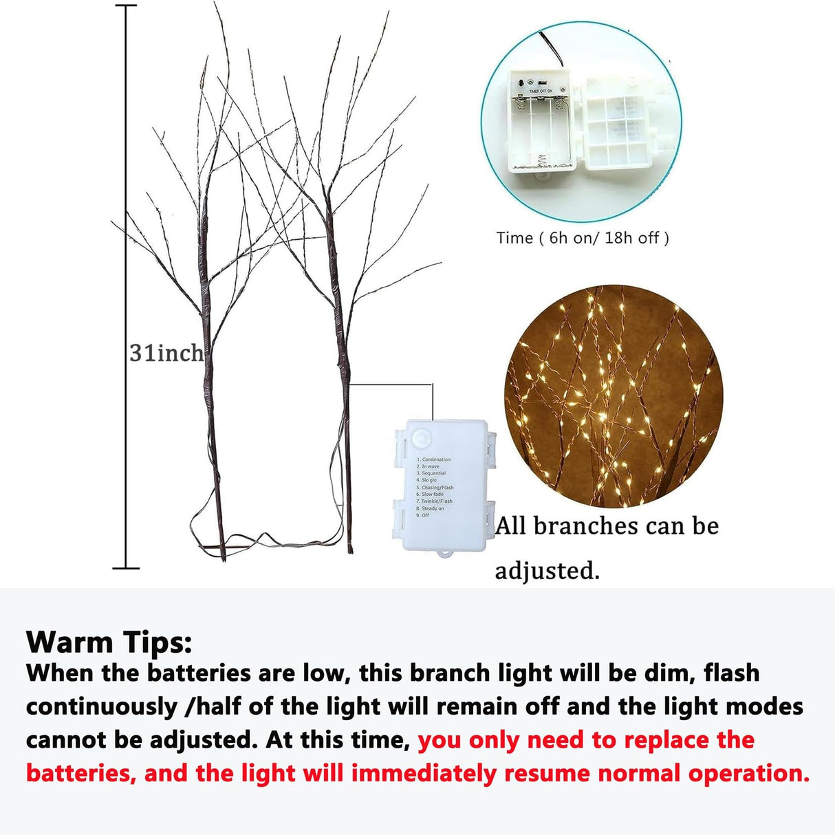 2 Pack Lighted Prelit Twig Tree Branches Lights with Timer, Battery Operated, Christmas Holiday Decorative Sticks Vase Filler for Home Decoration (31inch)