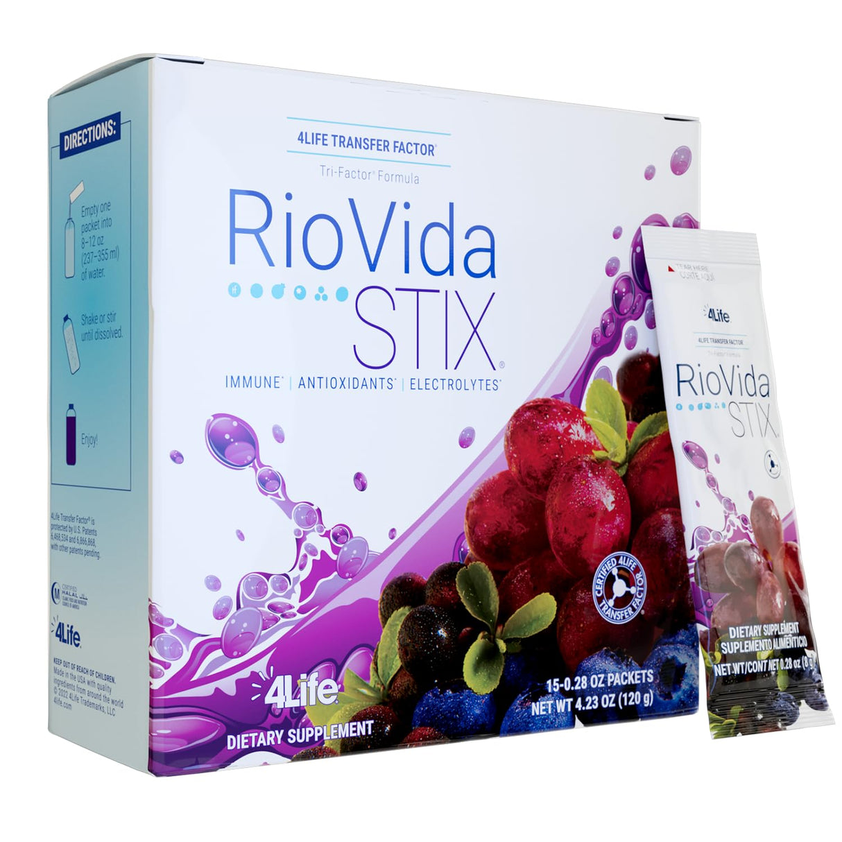 4Life Transfer Factor RioVida Stix Tri-Factor Formula, Supports Immune System with Elderberry, Blueberry, Pomegranate and Acai - 15 Packets