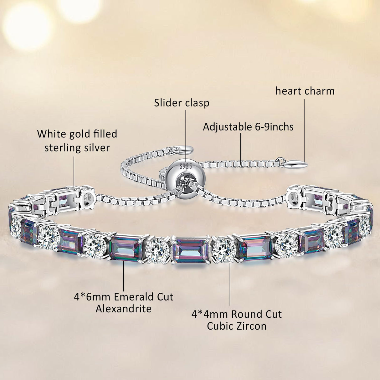 ETERMBOL Birthstone Tennis Bracelets for Women White Gold Sterling Silver Gemstone Bracelets Adjustable Chain 6-9 Inchs Jewelry Anniversary Birthday Gifts for Women Mom Wife Her