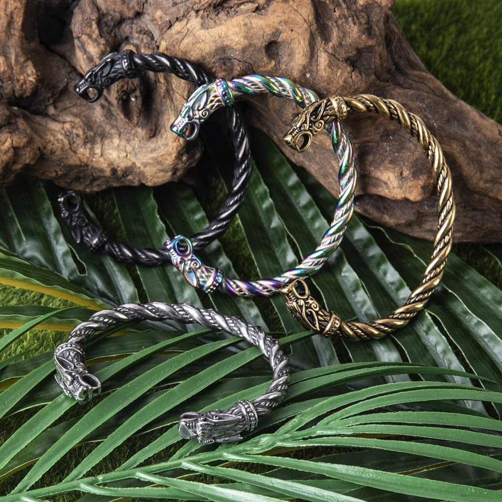 TURTLEDOVE Viking Wolf Fenrir Bangle - Adjustable Stainless Steel Norse Scandinavian Torc