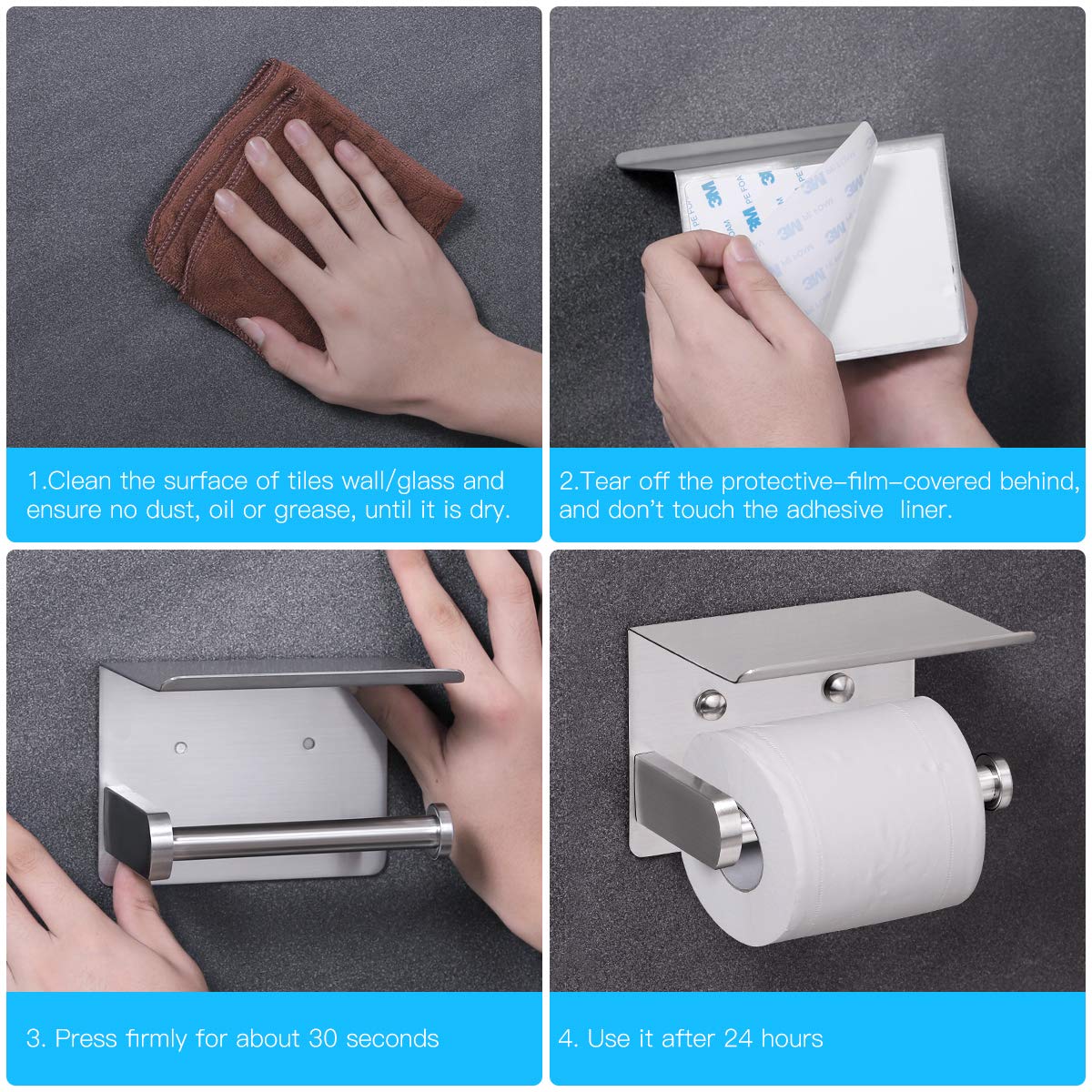 VAEHOLD Self Adhesive Toilet Paper Holder with Phone Shelf Stainless Steel Wall Mounted Toilet Paper Roll Holder - Rustproof and Bathroom Washroom Tissue Roll Holder with Storage Shelf - Silver