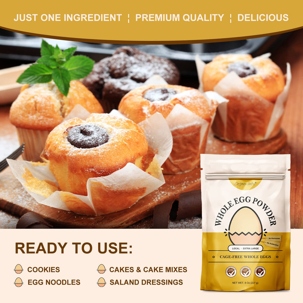 Orgnisulmte Whole Egg Powder, Fresh Pasteurized Egg Powder, All Natural, No Additives, Gluten Free Excellent for Baking Made in USA 8 Oz