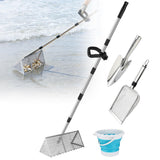 69in Effortless Sand Flea Rake Kit - Anti-Rust Stainless Steel Shark Tooth Sifter with The Narrow Shovel, Mesh Sand Scoop & Bucket, Sands Sifter Shelling Tools for Beach Metal Detecting Beachcombing