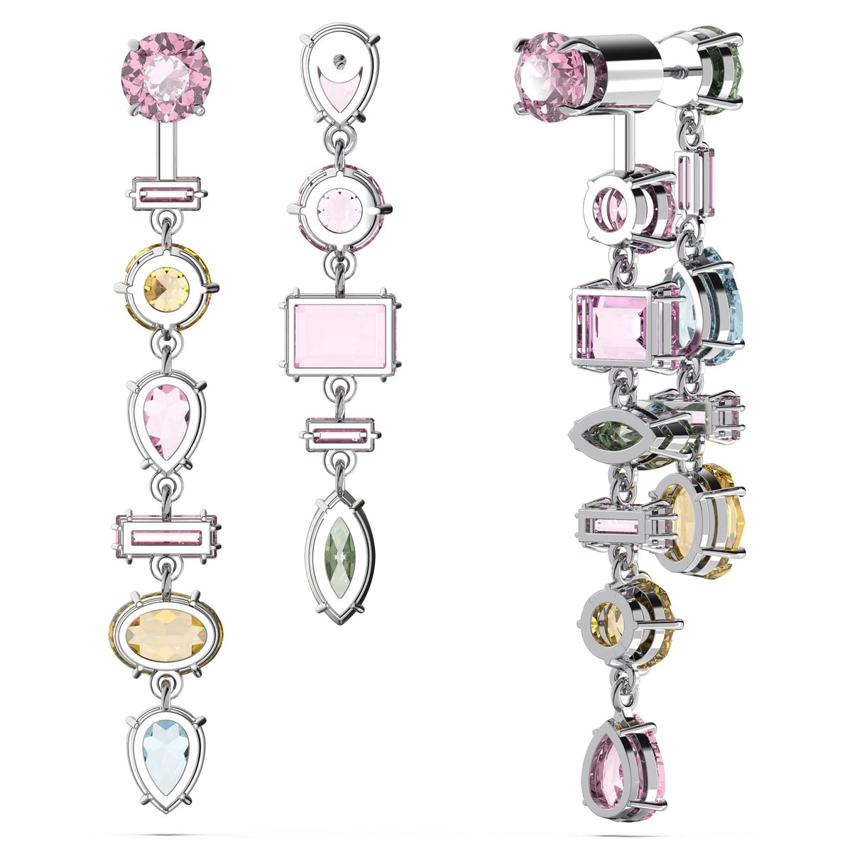 Swarovski Gema Drop Earrings, Asymmetrical design, Mixed cuts, Long, Multicolored, Rhodium Finish