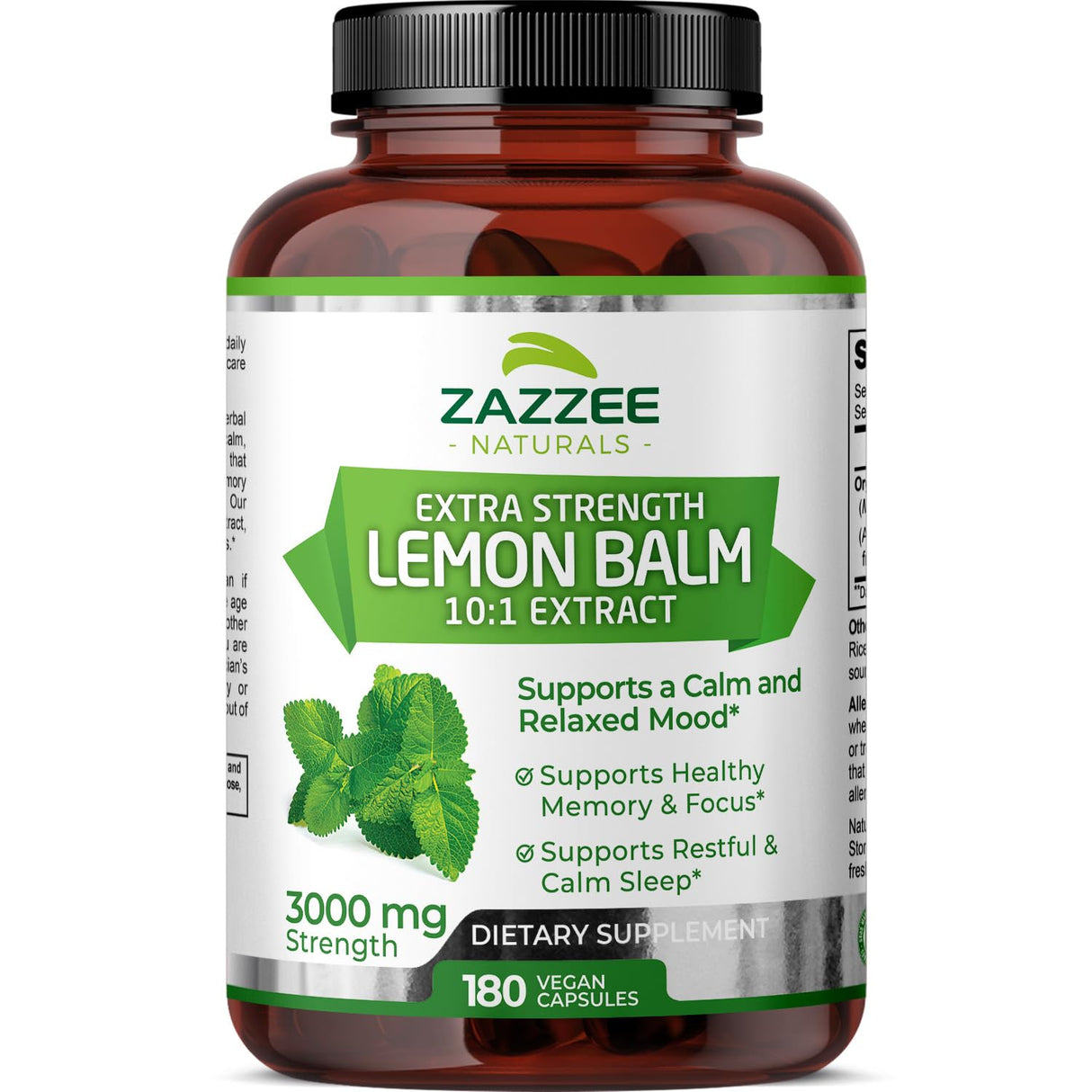 Zazzee Organic Lemon Balm 10:1 Extract, 3000 mg Strength per Capsule, 180 Vegan Capsules, 6 Month Supply, Standardized and Concentrated 10X Extract, 100% Vegetarian, All-Natural and Non-GMO