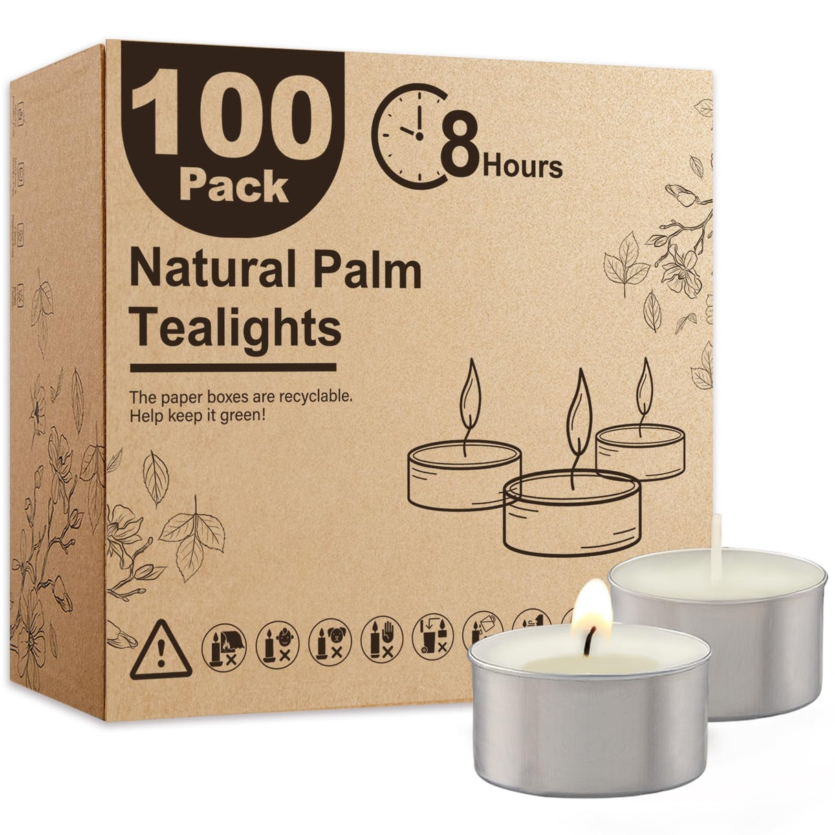 Ashlux Unscented Palm Tea Lights Candles 100 Pack Bulk, 8 to 9 Hours Long Burning White Tea Lights,Non-Paraffin, Smokeless, Mini Tealight Candles for Wedding, Christmas Lights, Party, Power Outages
