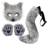 Adolala Faux Fur Fox Tail Cat Wolf Set Plush Mask Fluffy Paw Gloves Halloween Christmas Party for Women