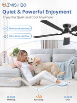 ZMISHIBO 52 Inch Ceiling Fan with Light, App&Remote Control, Flush Mount Low Profile, Dimmable 20W LED Light, Quiet Reversible Motor for Bedroom, Living Room, Apartment, Black