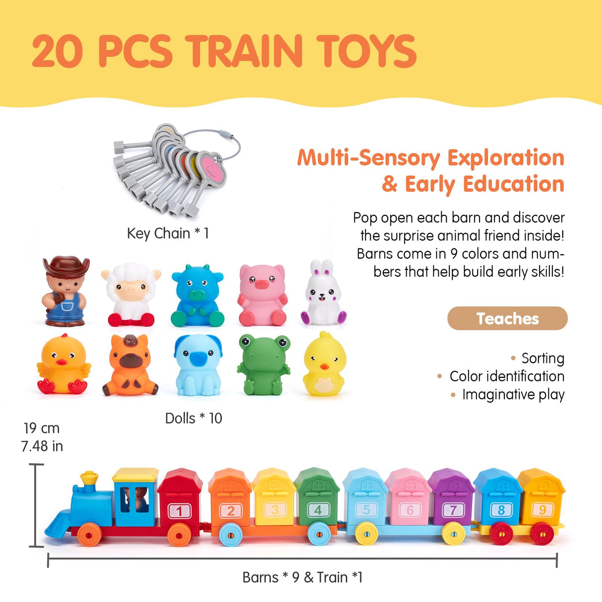 Toddler Learning Toys for 2 3 Year Old Boy Girl - Counting Matching & Sorting Activity Montessori Train Set with Farm Animals, Finger Puppets, Keys to Lock and Unlock Barns, Christmas Birthday Gift