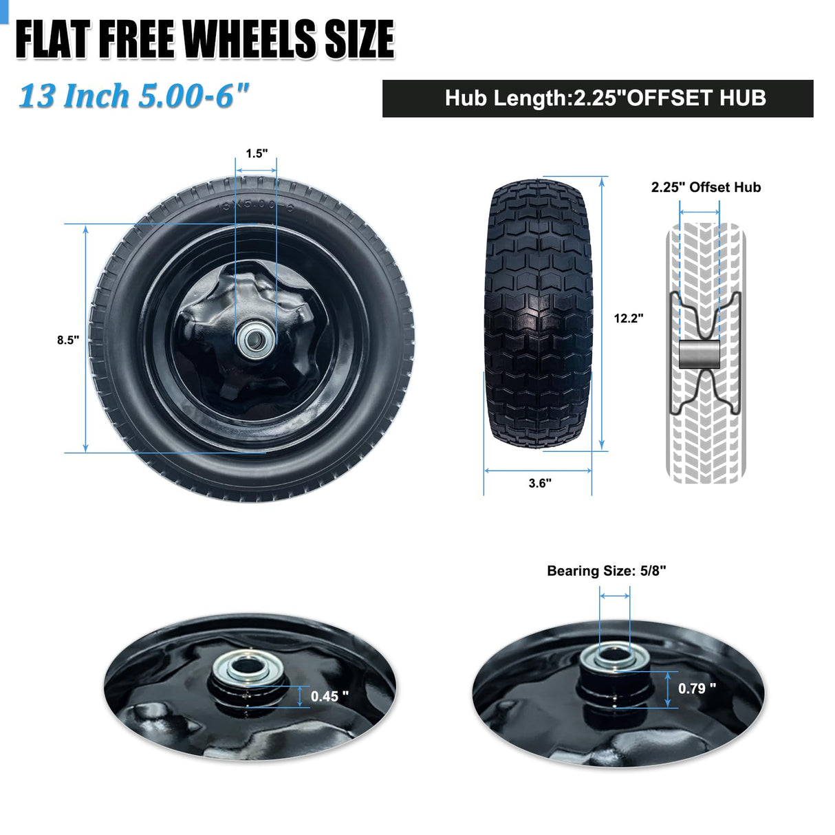 2-Pack Small 13x5.00-6 Flat Free Tire with Rim,2.25" Offset Hub with 5/8" Ball Bearing,Diameter 12.2",Width 3.6" w/Grease Fitting,300lbs Capacity,13x5-6 No-Flat Solid Wheel,for Lawn mower,Garden Cart