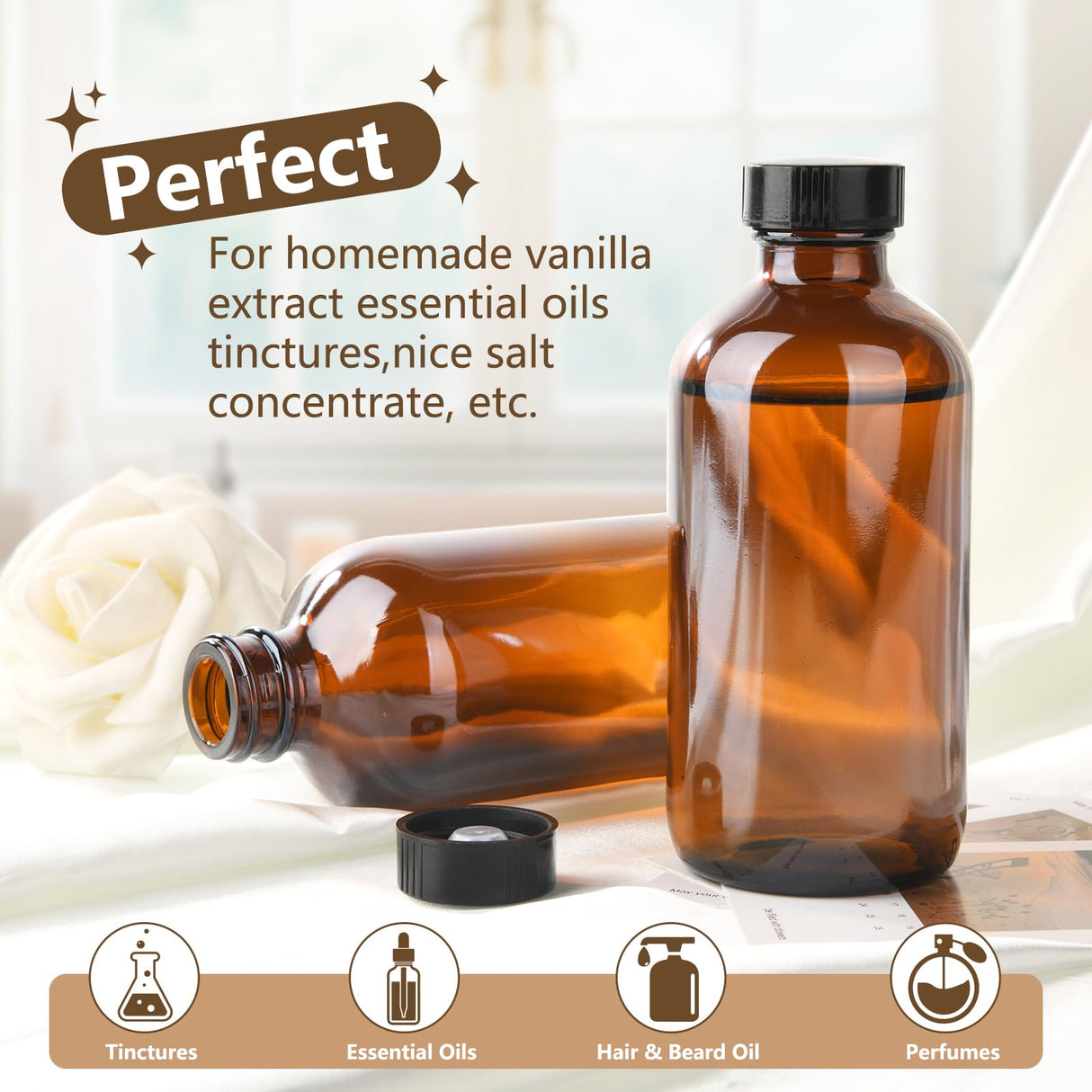 BPFY 24 Pack 4 oz Amber Boston Glass Bottle with Black Poly Cap, Funnel, Chalk Labels, Pen for Homemade Vanilla Extract, Essential Oils, Wedding, Christmas, Holiday Gift