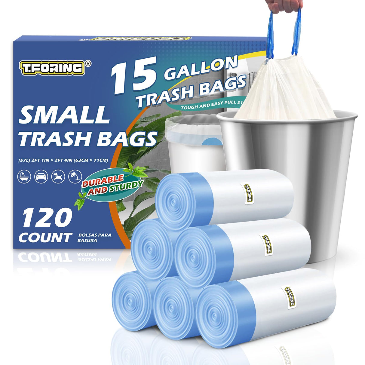 T.FORING 15 Gallon Trash Bags with Drawstring - 120 Count Heavy Duty 1.25 Mil Garbage Bags 56 Liter Tall Kitchen Bin Liners Unscented White for Home Yard Lawn