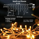 66ft Icicle Lights for Outside - 640 LED Christmas Lights Outdoor with 120 Drops 8 Modes, Plug in Twinkle Light Outside for Holiday Wedding Party Tree Room Indoor Thanksgiving Decoration, Warm White