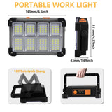 120W Solar Rechargeable Work Light, 144 LED Portable Flood Light with Stand, IP66 Waterproof 4 Modes LED Job Site Lighting Flashlights for Mechanic Camping Fishing Car Repair(Black 1 Pack)