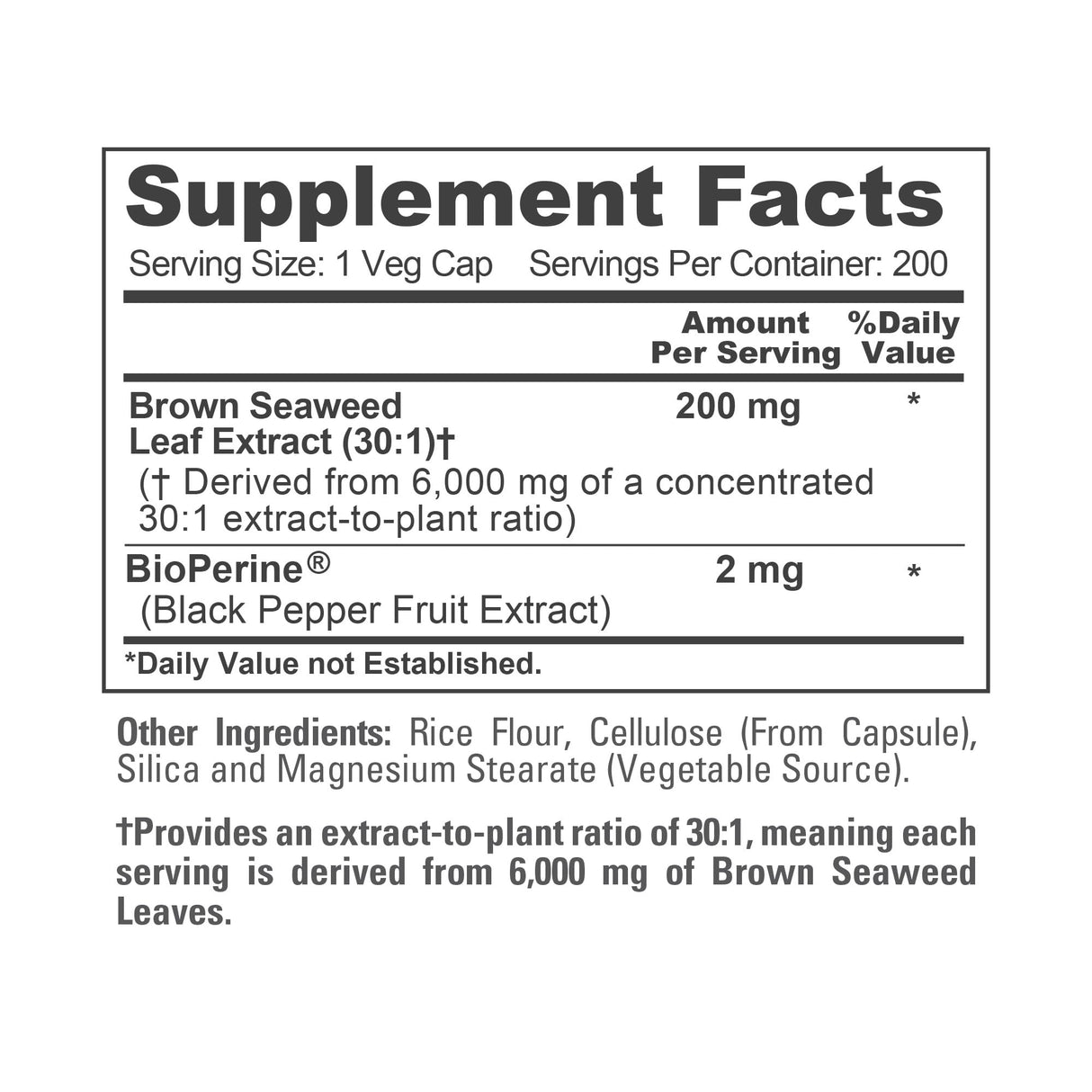 NusaPure Brown Seaweed 30:1 Extract, 200 mg Equivalent to 6,000 mg 200 Veggie Capsules - (Vegan, Non-GMO Bioperine)