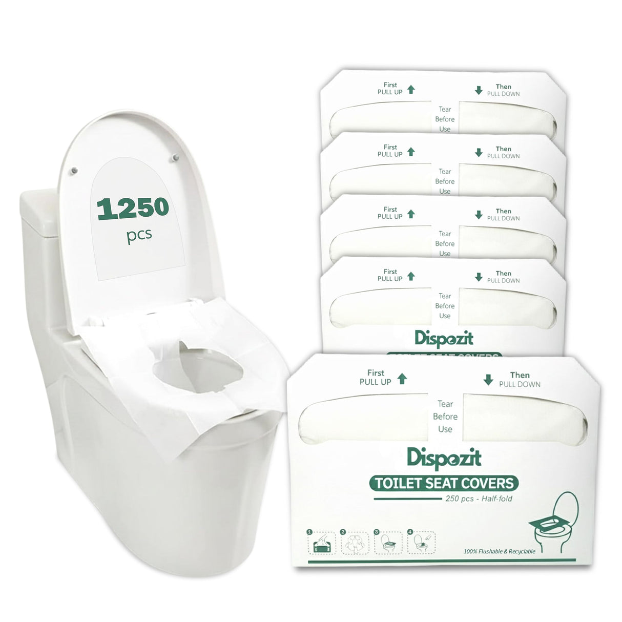 1250 Pcs Disposable Flushable Toilet Seat Covers (5 Packs of 250 Pcs) | 100% Biodegradable Commercial Toilet Seat Covers | Half-Fold Wall Dispenser Compatible | DISPOZIT Safe Liners