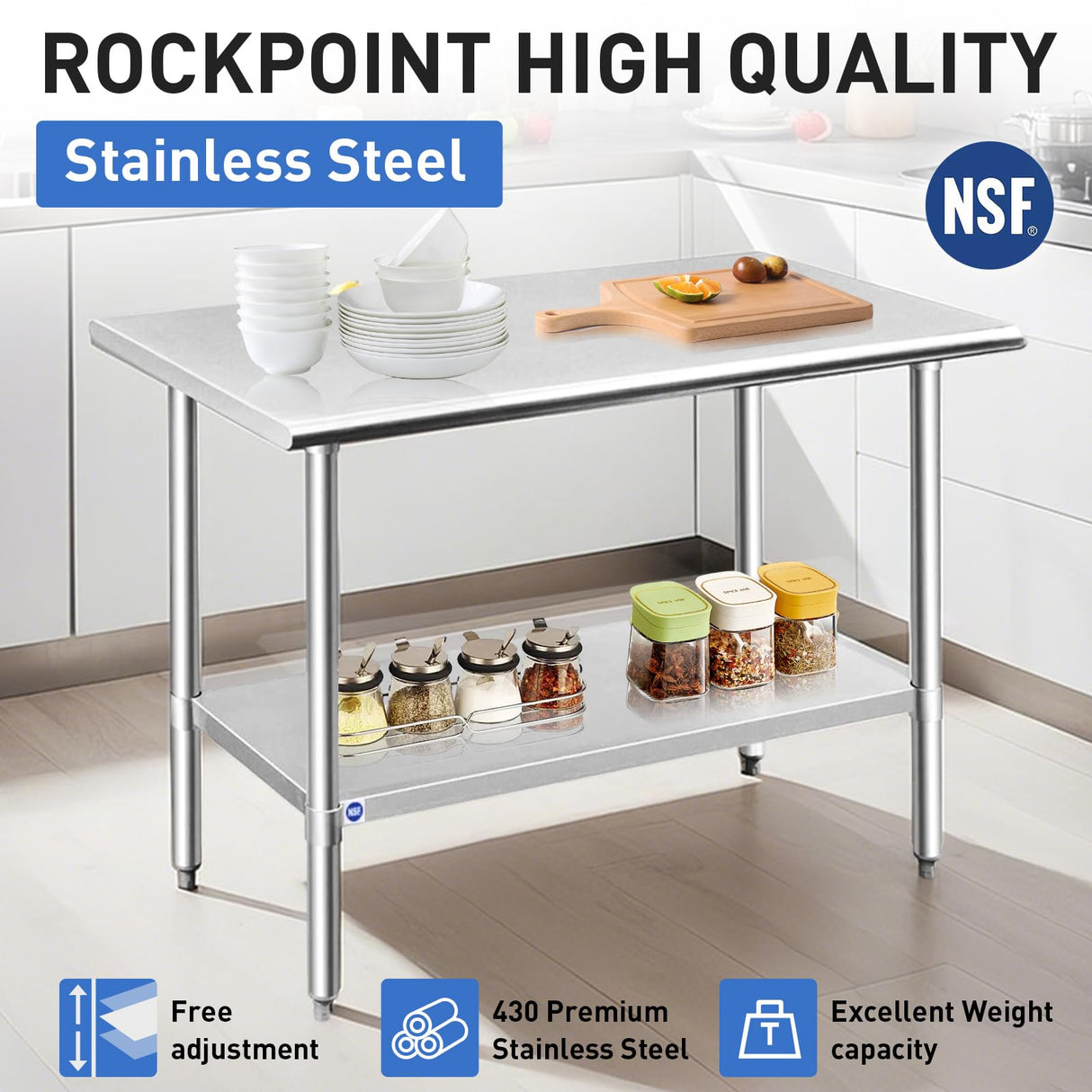 ROCKPOINT Stainless Steel Table for Prep & Work 18x72 Inches, NSF Metal Commercial Kitchen Heavy Duty Table with Adjustable Under Shelf and Table Foot for Restaurant, Home and Hotel
