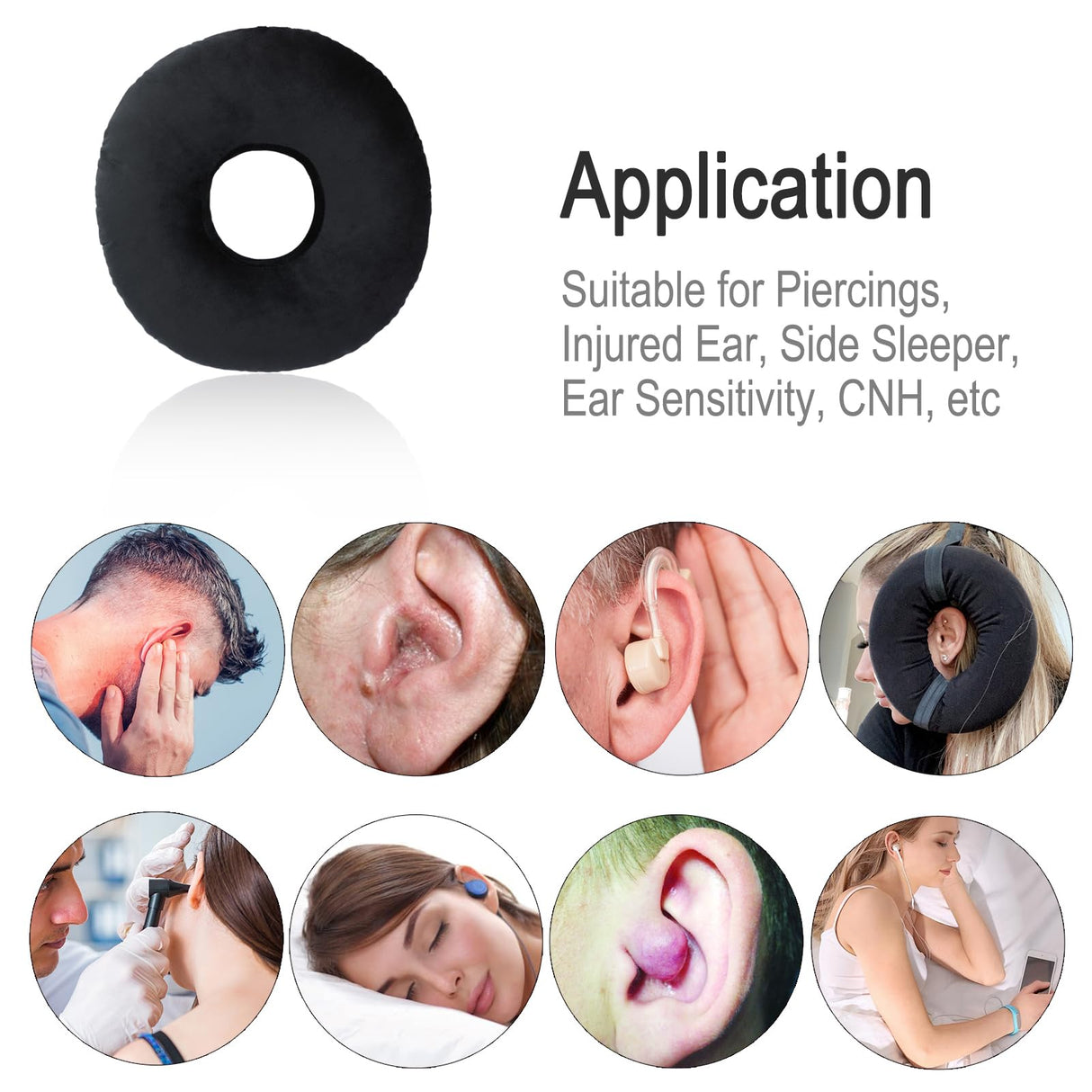 Heal n Hope Piercing Pillow Ear Pillows Donut with Hole for Ear Pain CNH Piercing Pain Relief Sleeping Pressure Sore Side Sleepers Ear Guard Protector, Velvet Black