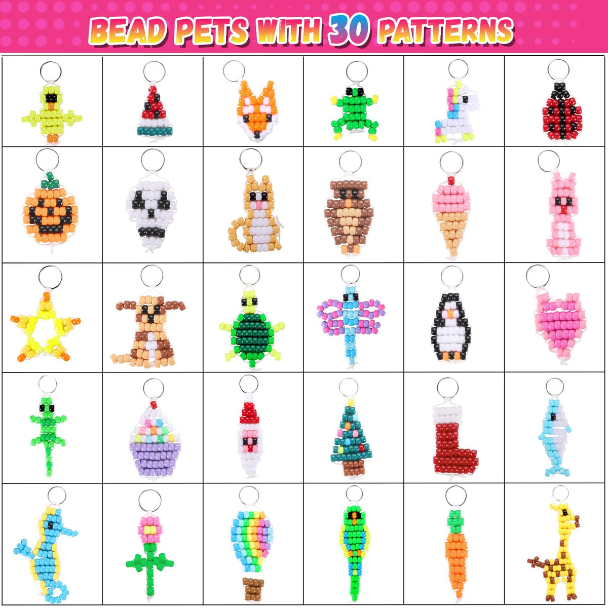 Beads for Crafts, Pony Beads Keychain Making Kit, Bead Pets for Kids Girls