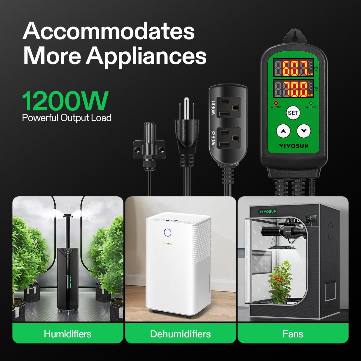 VIVOSUN Humidity Controller, 1200W Dual-Stage Outlet, Pre-Wired Digital Humidistat with Dual LED Displays for Humidifier/Dehumidifier/Fan, Ideal for Greenhouse, Grow Tent, Home-Brewing, Mushroom
