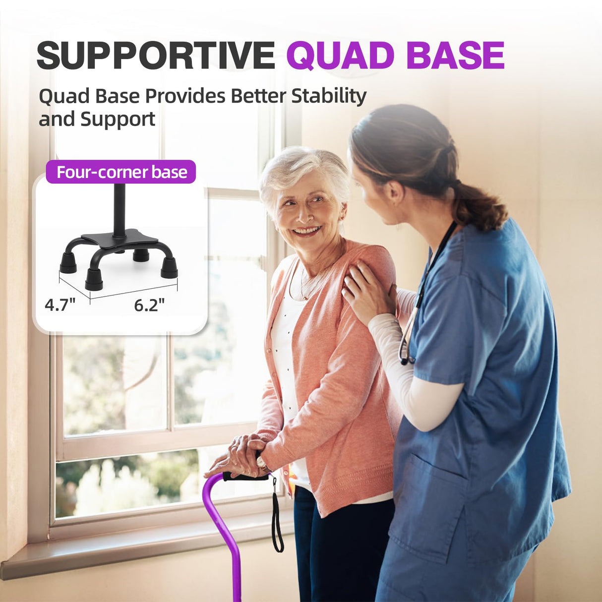 BeneCane Quad Cane Adjustable Walking Cane with Offset Soft Cushioned Handle for Men & Women Lightweight Comfortable with 4-Pronged feet for Extra Stability(Purple)