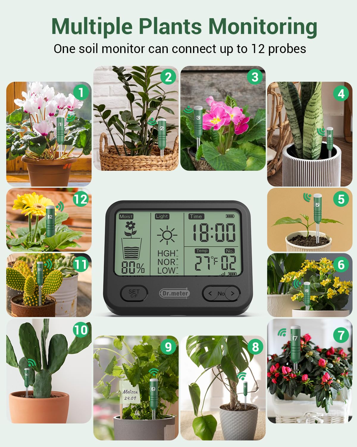 Dr.meter 4-in-1 Soil Moisture Meter 300ft Wireless Soil Tester Sensor