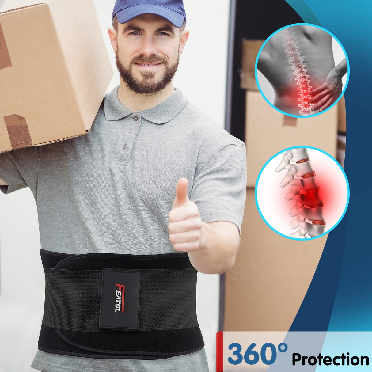 FEATOL Back Brace for Lower Back Pain Relief，Heavy Work Lifting, Sciatica, Herniated Disc with Ergonomically 3D Silicone Pad Men & Women XXL