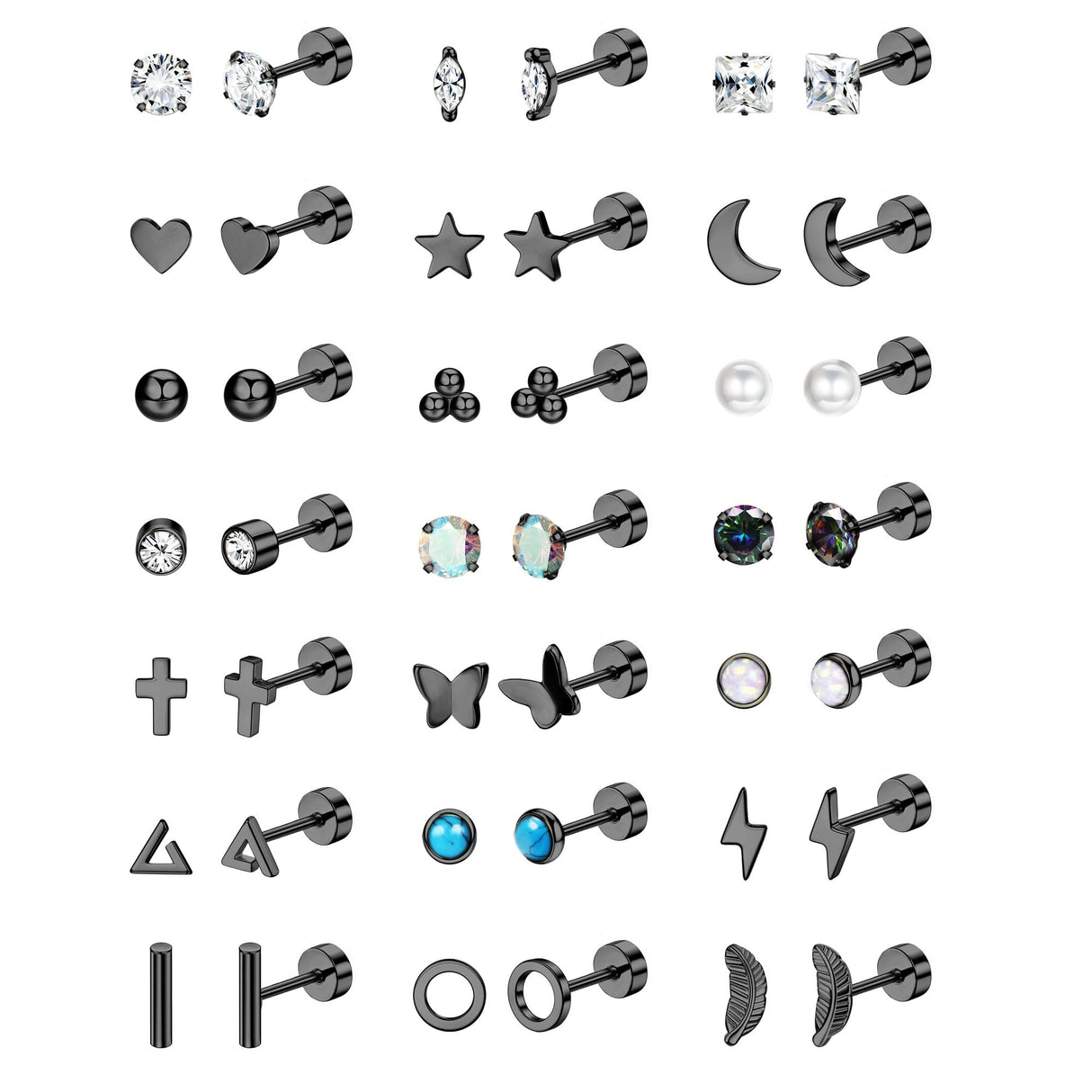 Jstyle 21 Pairs Hypoallergenic Flat Back Stud Earrings for Women Men Surgical Stainless Steel Earrings for Sensitive Ears Cartilage Earring Small Studs Earrings Set Stacks Screw Back Black Earrings