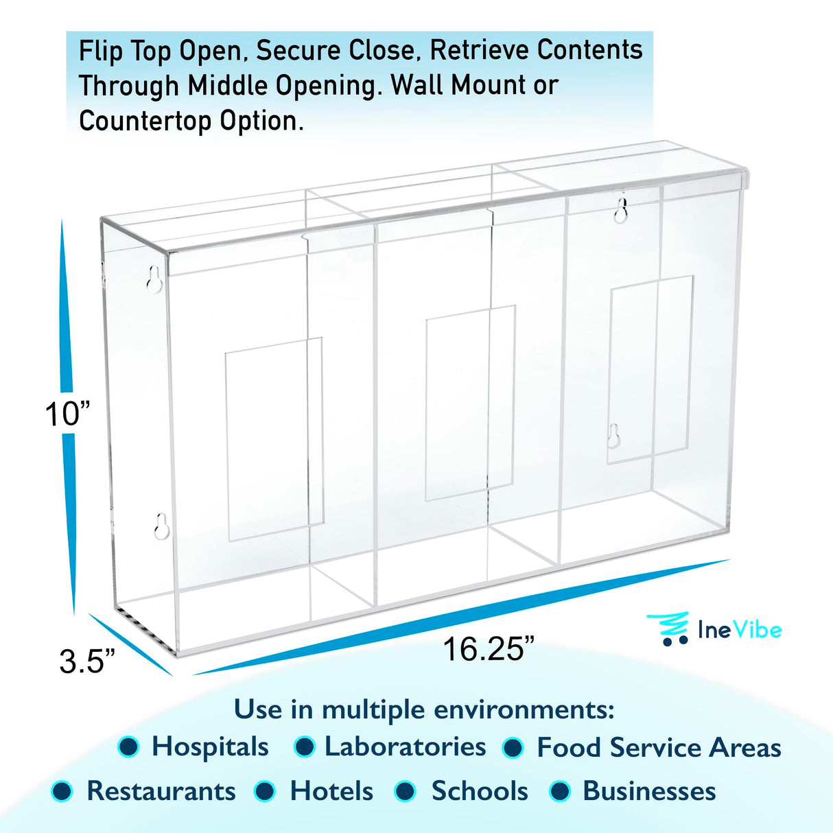 IneVibe Triple Hygiene Holder - 3 Compartment Acrylic Dispenser with Lid for Hairnets, Glove Boxes, Face Masks, Plastic Bags, Tissue Boxes in Home or Medical Setting - Counter or Wall Mount (Triple)